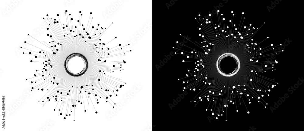 Fototapete Abstract background with lines and dots in circle. Art design BIG DATA or network concept. Black lines on a white background and white lines on the black side.