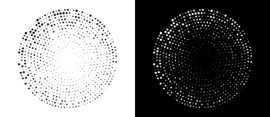 Modern abstract background. Halftone dots in circle form. Spiral logo, icon or design element. Black dots on a white background and white dots on the black side.