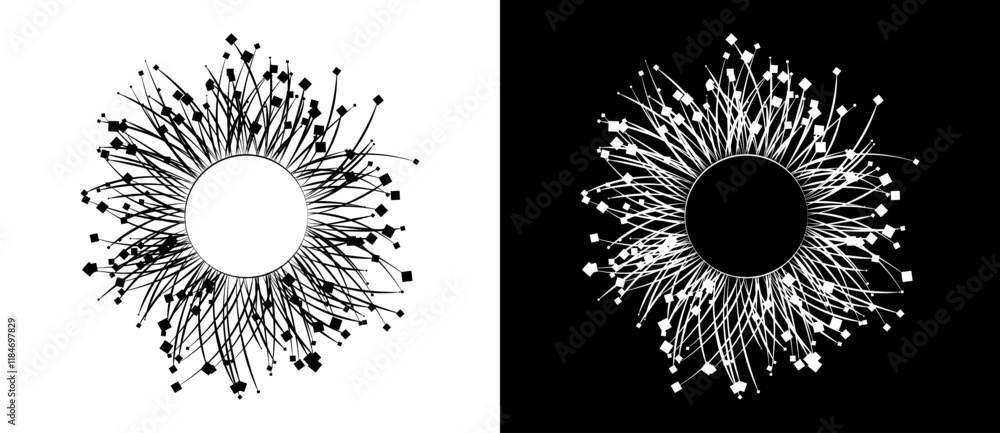 Fototapete Abstract background with lines and squares in circle. Art design BIG DATA or network concept. Black lines on a white background and white lines on the black side.