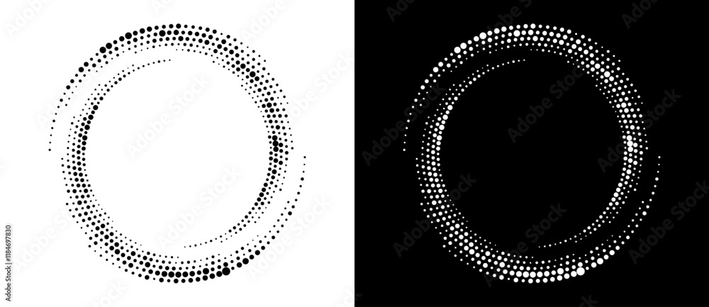 Poster Modern abstract background. Halftone dots in circle form. Spiral logo, icon or design element. Black dots on a white background and white dots on the black side.