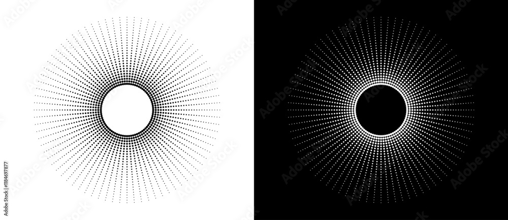 Fototapete Modern abstract background. Halftone dots in circle form. Sun concept. Vector dotted frame. Design element or icon. Black shape on a white background and the same white shape on the black side.