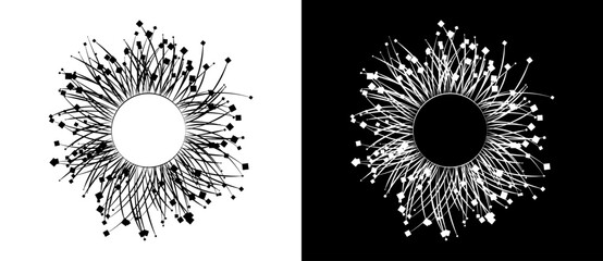 Abstract background with lines and squares in circle. Art design BIG DATA or network concept. Black lines on a white background and white lines on the black side.