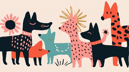A colorful illustration of various playful dogs in different patterns and styles, surrounded by flowers and a cheerful background.