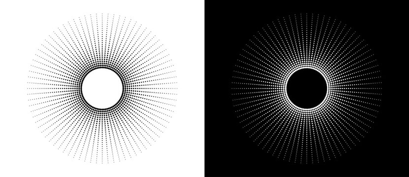 Modern abstract background. Halftone dots in circle form. Sun concept. Vector dotted frame. Design element or icon. Black shape on a white background and the same white shape on the black side.