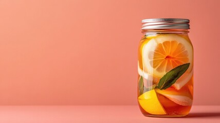 Jar of citrus-infused water with lemon and mint on pink background