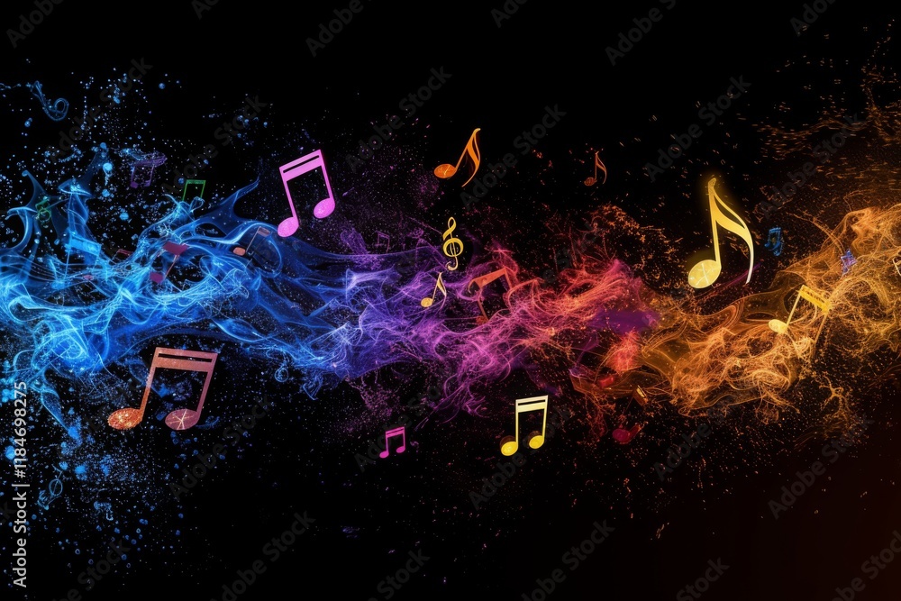 Poster in a vibrant display, colorful music notes blend with swirling light patterns, creating a dynamic vi