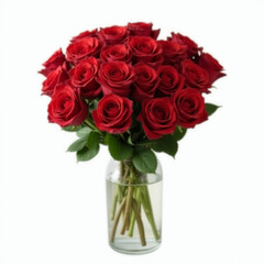 Bouquet of Red Roses in a Glass Vase Isolated on a White Background