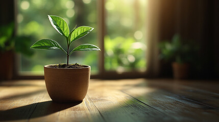 A single plant in a minimalist pot representing growth and peaceful living with blurred empty space on the side for a calming and tranquil atmosphere

