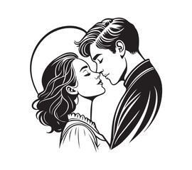 black and white Couple one line drawing design. Vector isolated cover poster design. Love print. Couple kissing line drawing.