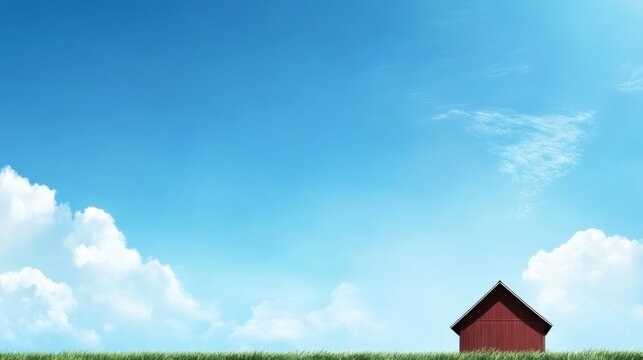 A striking red barn stands alone in a lush green field, embraced by a blue sky filled with soft white clouds, highlighting the beauty of rural simplicity