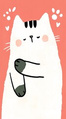 A cute, cartoon-style cat with closed eyes, blushing cheeks, and a soft expression, set against a peachy background with playful hearts.