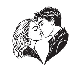 black and white Couple one line drawing design. Vector isolated cover poster design. Love print. Couple kissing line drawing.