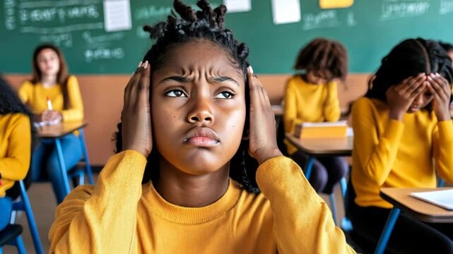 Students experiencing stress in a classroom while focused on their tasks during an exam preparation session