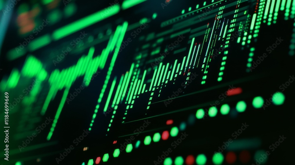 Fototapete a close-up of a computer screen showing a live stock market graph with green and red candlesticks, i
