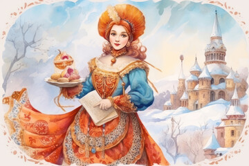 Obraz premium a girl in a traditional Russian folk costume holding a plate of pancakes - a symbol of Maslenitsa. 