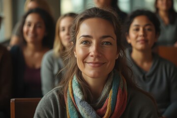 Obraz premium a woman is smiling in front of a group of people