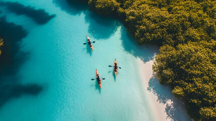 Dynamic shot of kayakers exploring the calm waters of Abu Dhabi mangroves surrounded by nature and clear skies