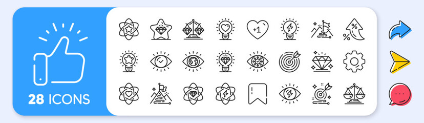 Mission, Vision, Values line icons. Interest rate, AI generate, Inflation icons. Business strategy, target goal and diamond set. Flag on mountain, electric power and scales with diamonds icons. Vector
