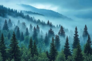 misty mountain landscape photography with layered forest silhouettes and atmospheric fog rolling through coniferous valley at dawn