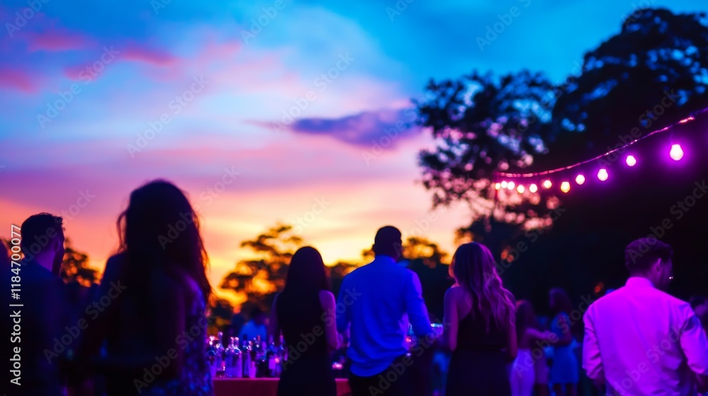 Poster warm glow of string lights illuminates attendees at a festive outdoor gathering during a colorful su