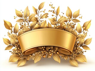 A decorative golden banner surrounded by elegant foliage and berries, ideal for invitations or announcements.