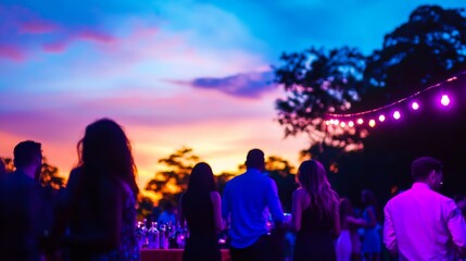 Fototapeta premium Warm glow of string lights illuminates attendees at a festive outdoor gathering during a colorful sunset, creating an inviting and joyful atmosphere