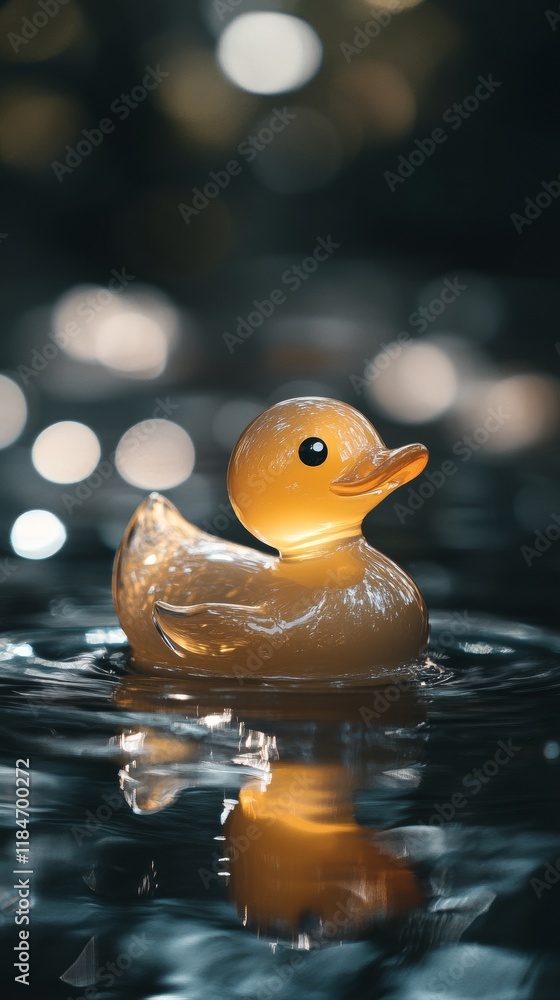 Poster glowing rubber duck floating on dark water with bokeh background, creating a magical and surreal atm