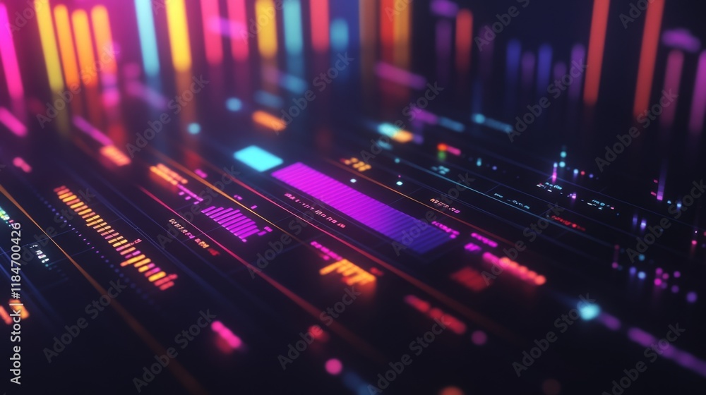 Poster a close-up of a financial graph with colorful bar charts and line graphs, with an emphasis on data v