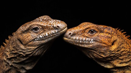 Fototapeta premium Northern caiman lizards touching snouts, displaying intimate connection against stark black backdrop