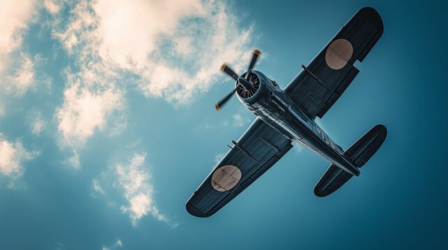 A vintage fighter plane flying high in the blue sky with clouds in the background. Concept of aviation history and freedom