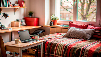 Student Dorms. Cozy student dormitory room featuring a comfortable bed and a well-organized study area