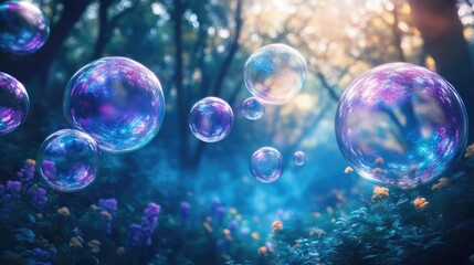 Ethereal bubbles drifting through a misty forest, mystical and serene, colorful bubbles, fantasy nature