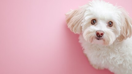 Fluffy white dog with light brown ears gazes up against pink background