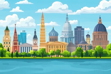 Naklejka premium International cities skylines representing famous buildings along the river