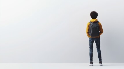 Student standing with backpack looking at white wall