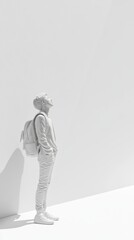 Student looking up wearing backpack in white monochrome setting