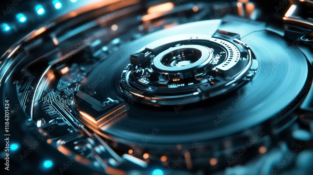 Poster close-up of a complex, futuristic machine's intricate internal mechanism with glowing lights.