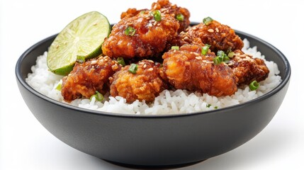 Fototapeta premium Steamed Rice Bowl with Fried Chicken and Lime Garnish