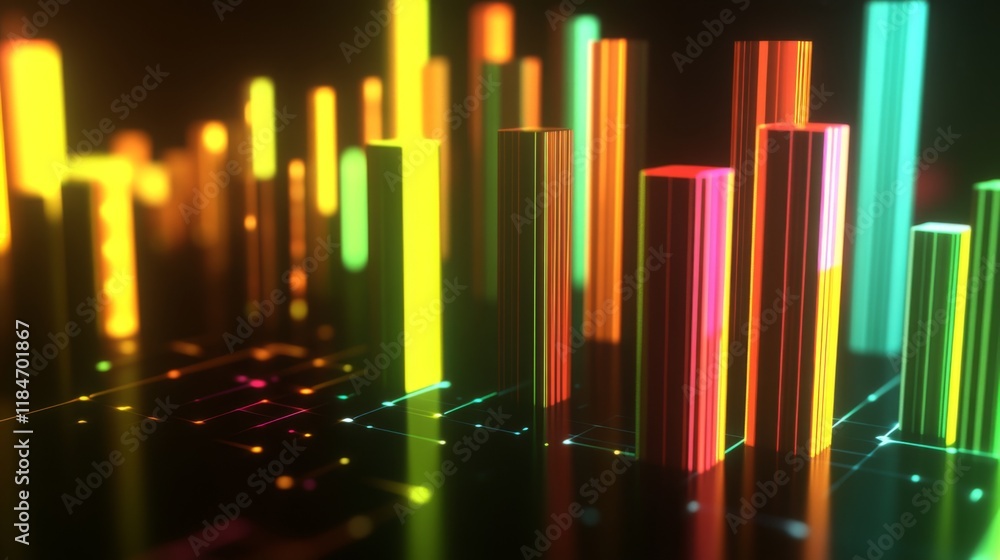Fototapete a close-up of a futuristic d bar graph with glowing neon bars, rising upward in a dynamic digital en