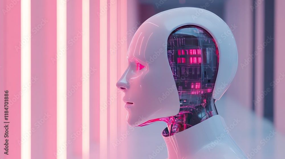 Aufkleber close-up profile view of a futuristic humanoid robot's head, revealing intricate internal circuitry 