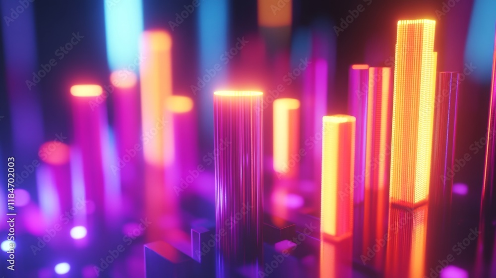 Leinwandbilder a close-up of a futuristic d bar graph with glowing neon bars, rising upward in a dynamic digital en