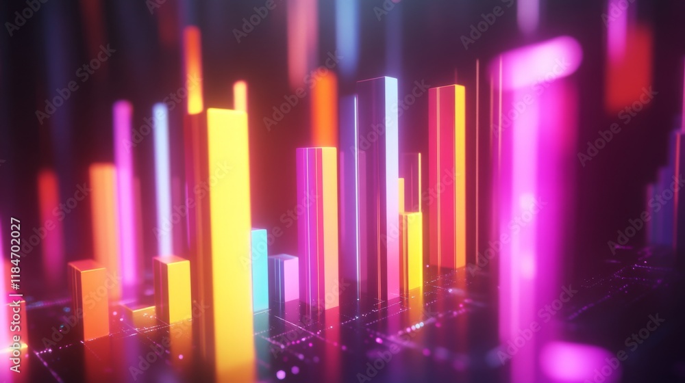 Fototapete A close-up of a futuristic D bar graph with glowing neon bars, rising upward in a dynamic digital environment, symbolizing financial success and innovation.