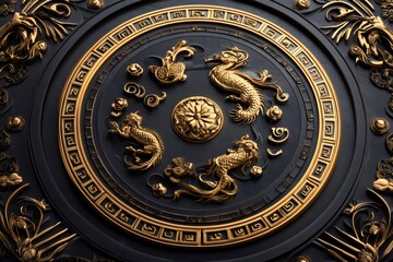 Obraz premium Golden dragons embellishing a luxurious round shield with intricate design