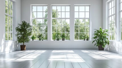 Bright, airy room with large windows and indoor plants, creating a serene environment.