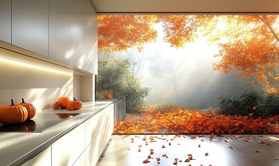 A modern kitchen with pumpkins, overlooking a vibrant autumn landscape through large windows.