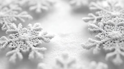 Close-up of delicate snowflakes resting on a soft, white snow surface.