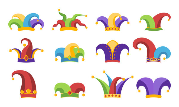 Set of jester hats isolated on white background. Design elements for April Fools Day. Vector illustration