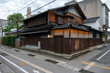 Kanazawa, Japan - 07.07.2024: old wooden houses in Kanazawa, Higashiyama district