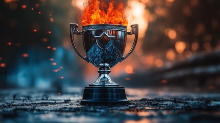 A trophy engulfed in flames, symbolizing victory and intense competition.