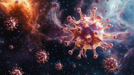 Fototapeta premium Ethereal virus shapes in a galaxy backdrop, [cosmic virology, creative concept], blending science and fantasy for artistic appeal 